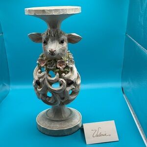 Valerie Parr Hill  Carved Design Lamb Pillar Easter/Spring Candle Holder